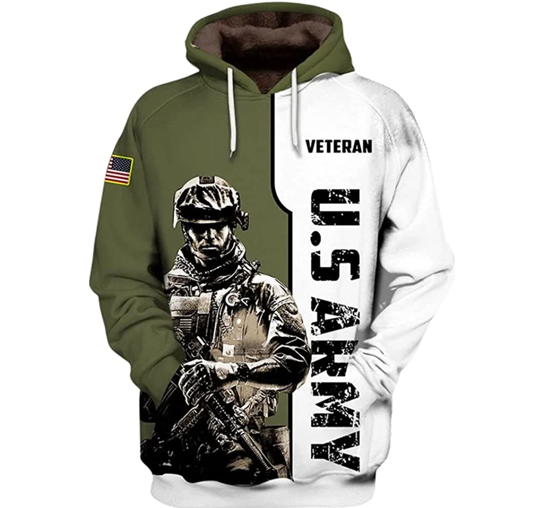 U.s Army Veteran Green And White Background Included - 3D Printed Pullover Hoodie