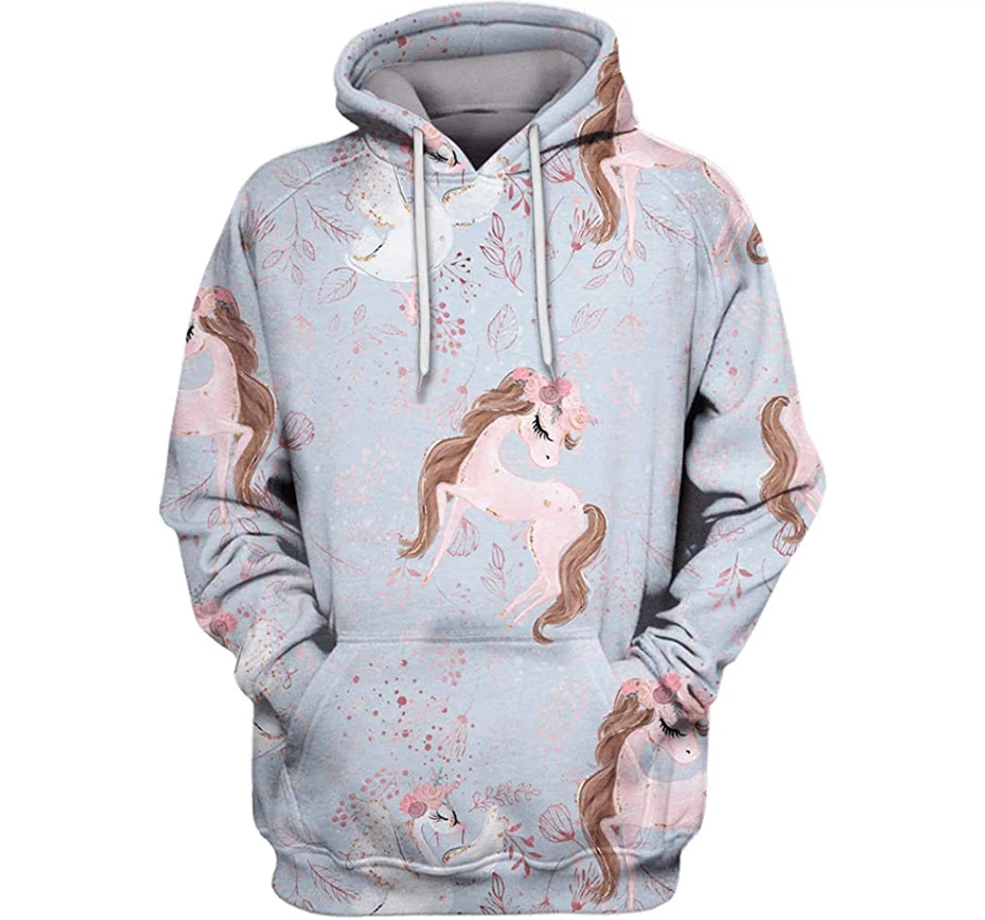 Unicorn With Flowers Man And Woman - 3D Printed Pullover Hoodie