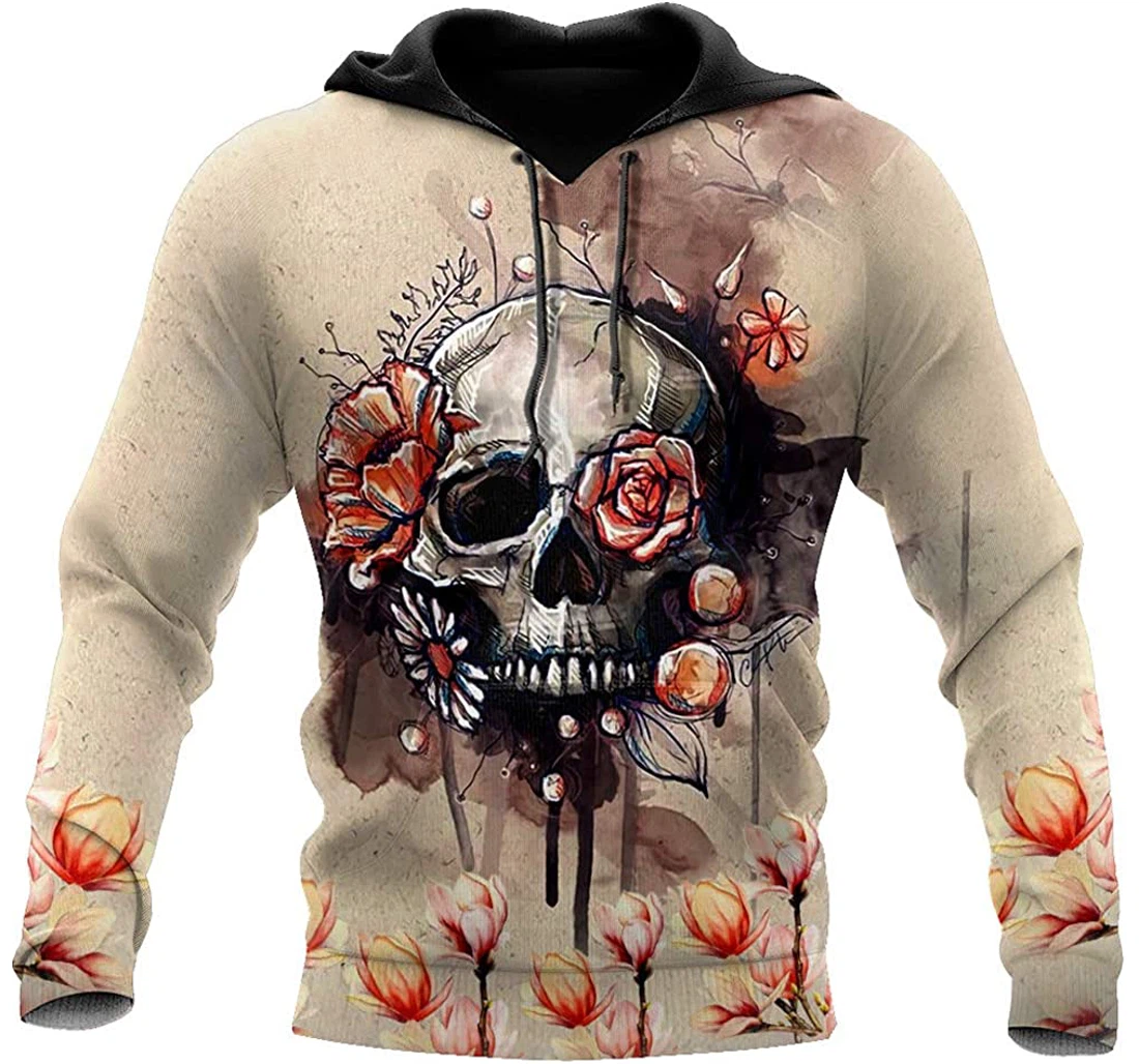 Skull And Flower Man And Woman - 3D Printed Pullover Hoodie