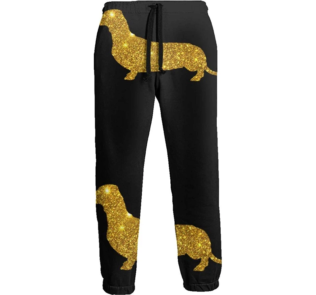Personalized Gold Glitter Dachshund Dog Icon Soft Pant Waist Sweatpants, Joggers Pants With Drawstring For Men, Women