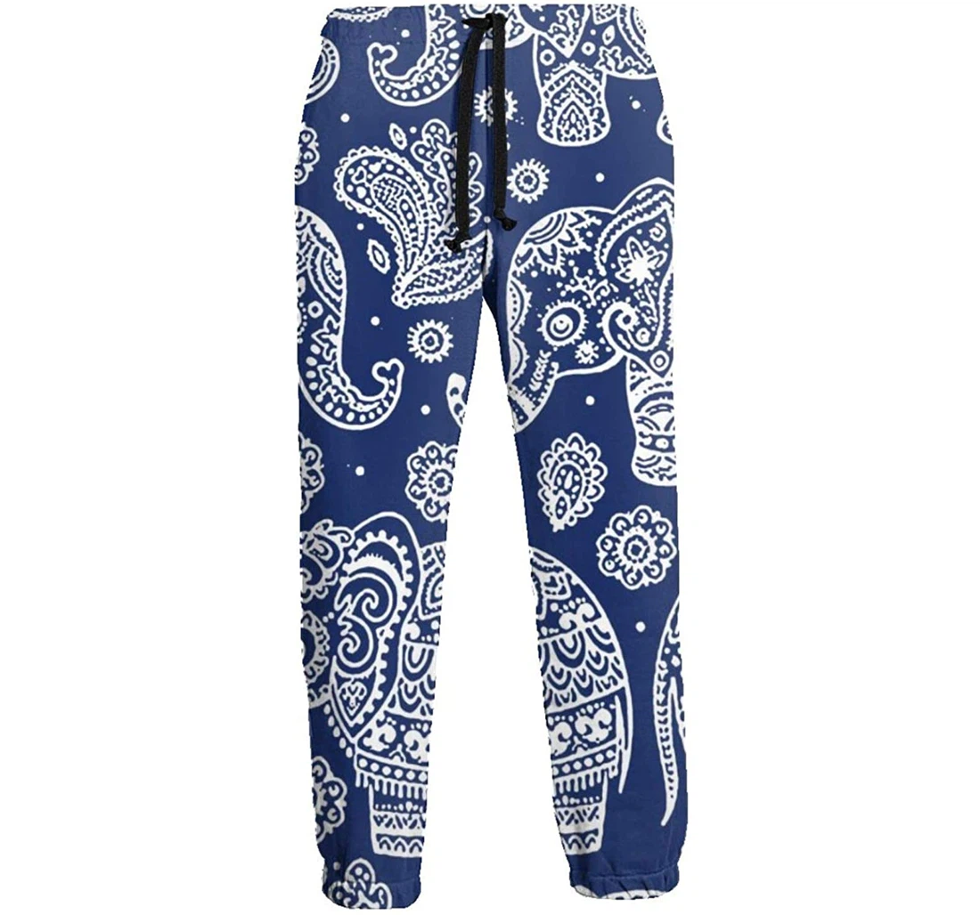 Personalized White Elephant Pattern Digital Graphric Cool Casual Sweatpants, Joggers Pants With Drawstring For Men, Women