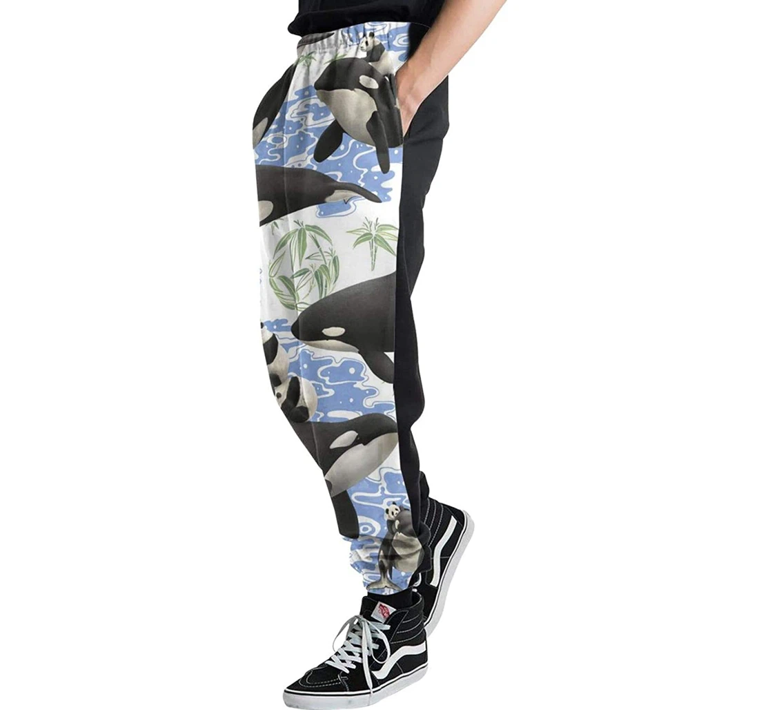 Personalized Dolphins And Pandas Casual Sweatpants, Joggers Pants With Drawstring For Men, Women