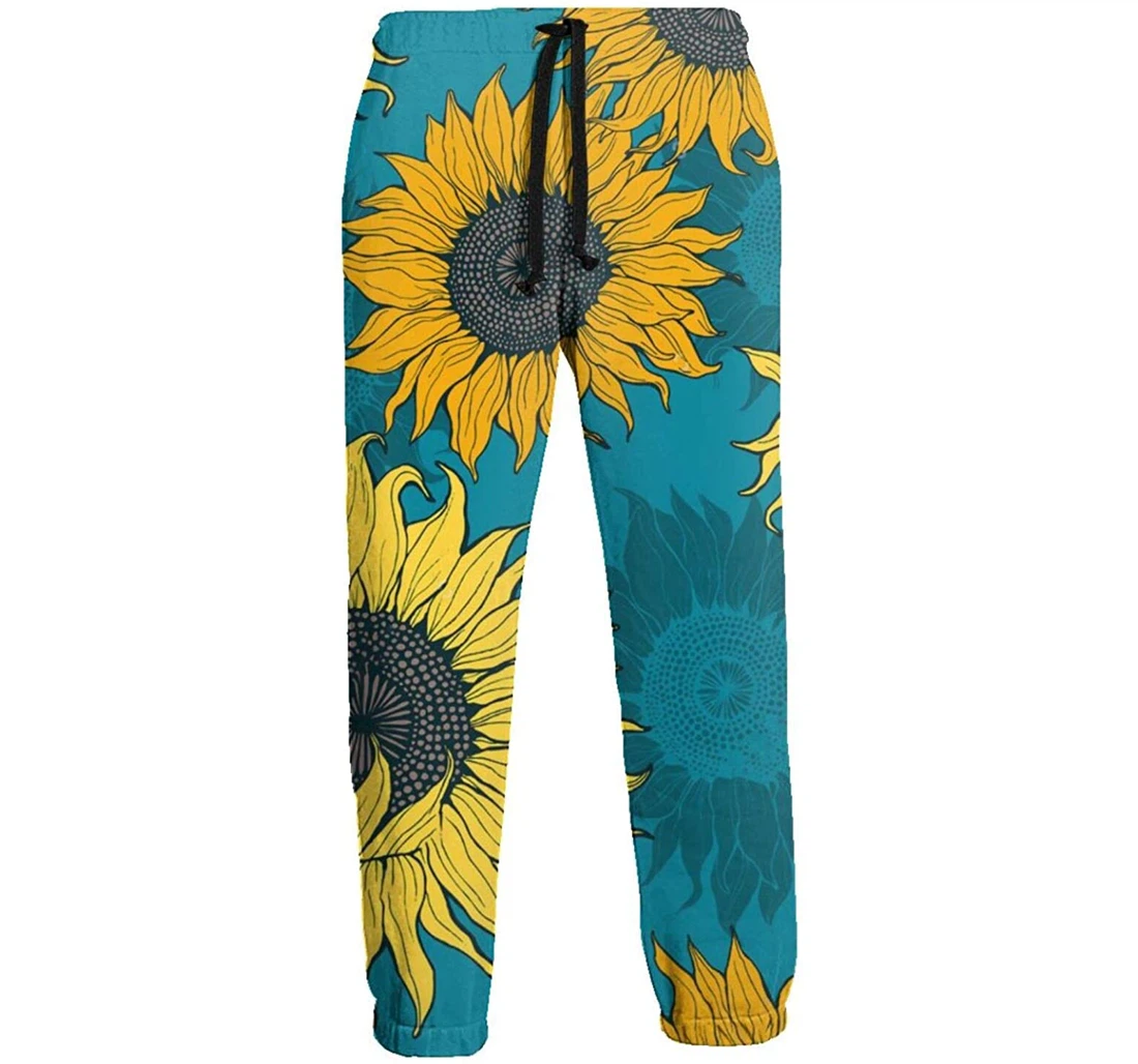 Personalized Yellow Sunflowers On A Blue Graphic Funny Casual Sweatpants, Joggers Pants With Drawstring For Men, Women