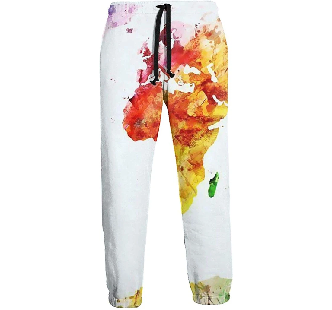 Personalized Watercolor World Map Soft Pant Waist Sweatpants, Joggers Pants With Drawstring For Men, Women