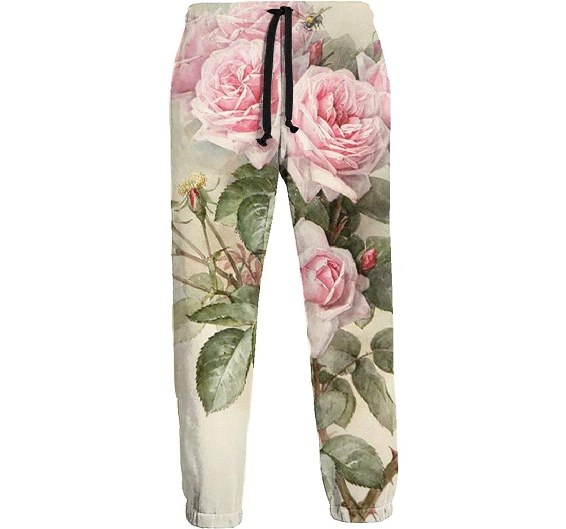 Personalized Pink Rose Casual Sweatpants, Joggers Pants With Drawstring For Men, Women