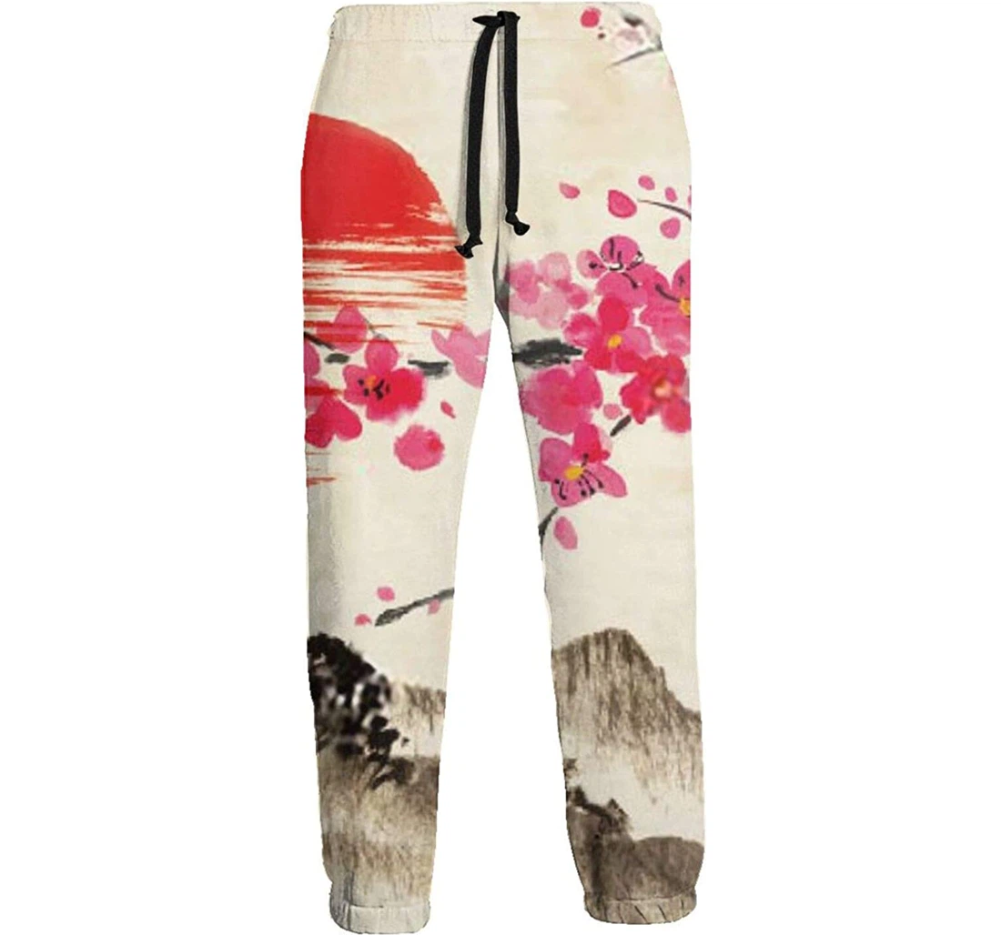 Personalized Plum Blossom And Red Sun Ink Painting Graphic Funny Casual Sweatpants, Joggers Pants With Drawstring For Men, Women