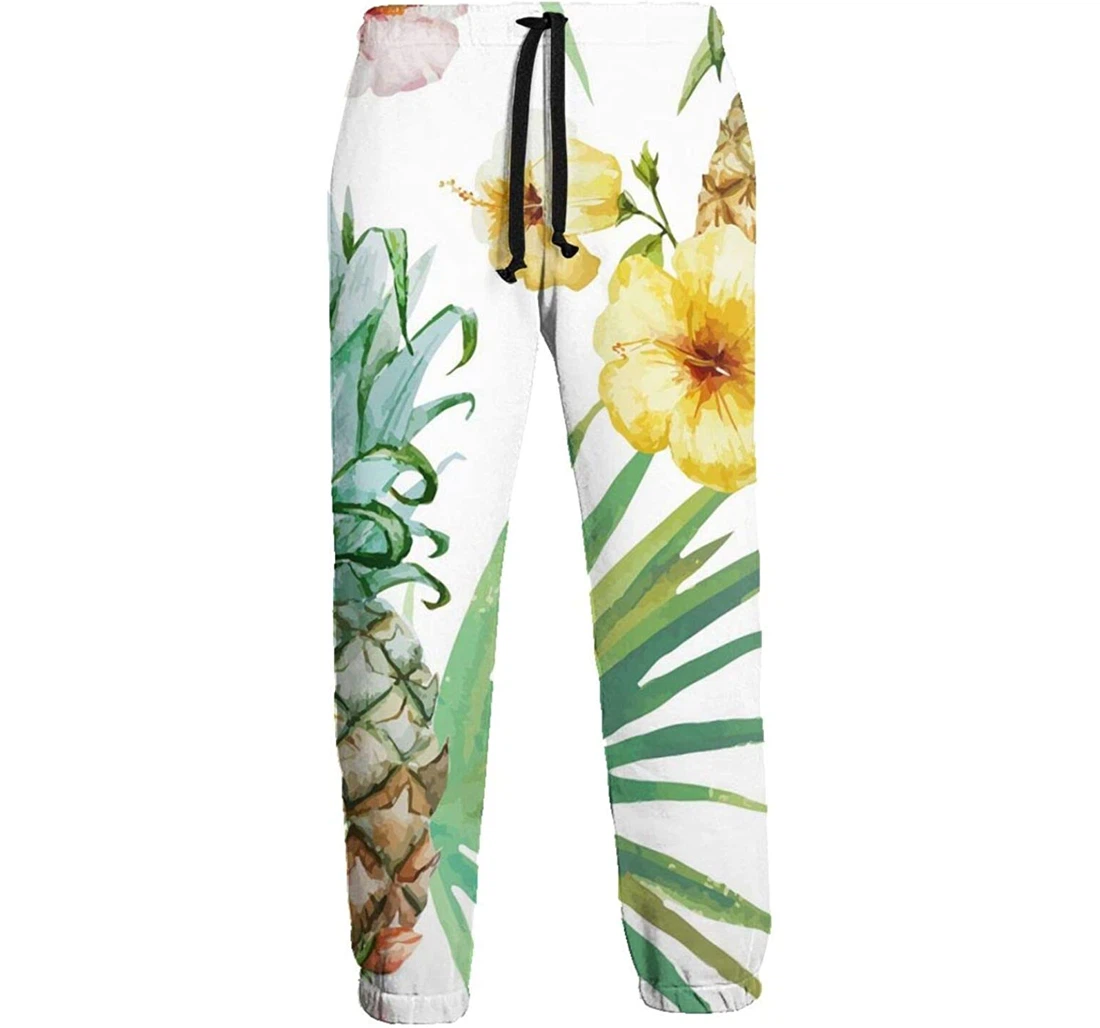 Personalized Pineapple And Flowers Casual Sweatpants, Joggers Pants With Drawstring For Men, Women
