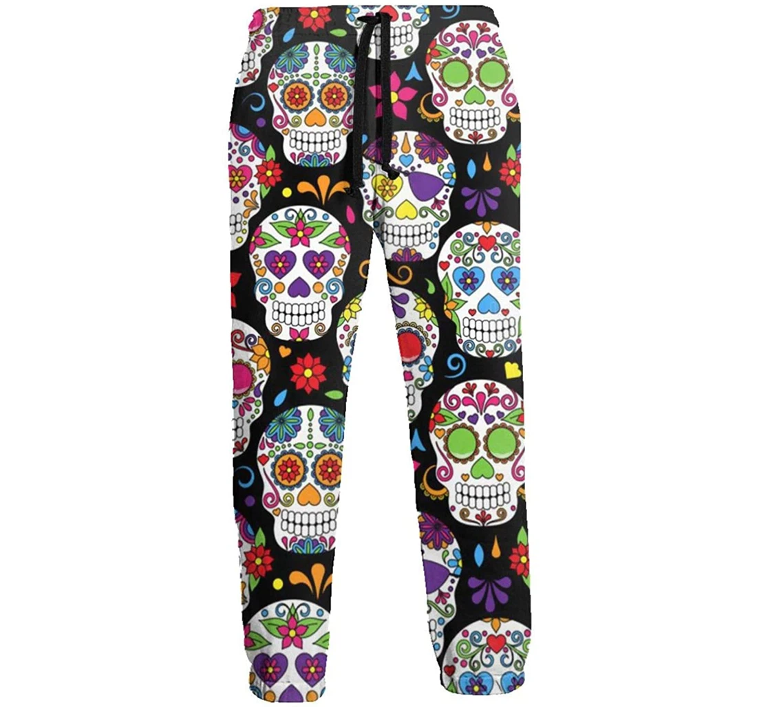 Personalized The Dead Sugar Skull Background Graphic Funny Casual Sweatpants, Joggers Pants With Drawstring For Men, Women