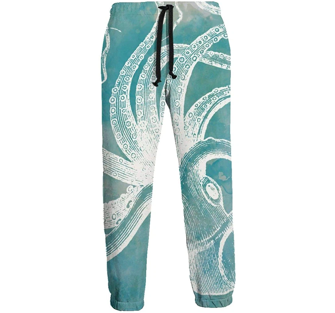 Personalized Octopus White Outline Digital Graphric Cool Casual Sweatpants, Joggers Pants With Drawstring For Men, Women