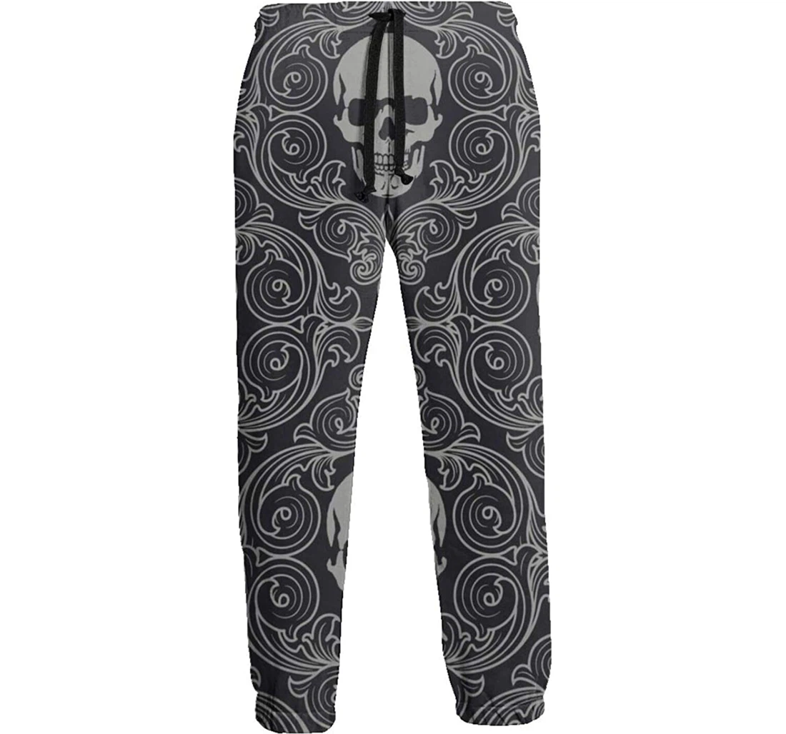 Personalized Skull Drawing Gray Texture Soft Pant Waist Sweatpants, Joggers Pants With Drawstring For Men, Women