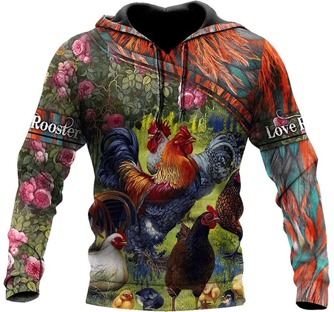 Farm Rooster Chickens Flower Included - 3D Printed Pullover Hoodie