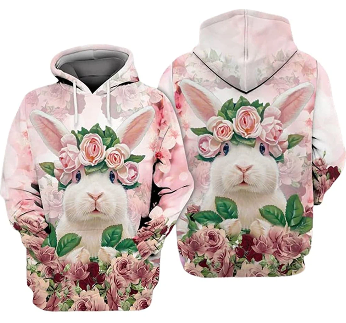 Beautiful Rabbit Pink Roses Art Included - 3D Printed Pullover Hoodie