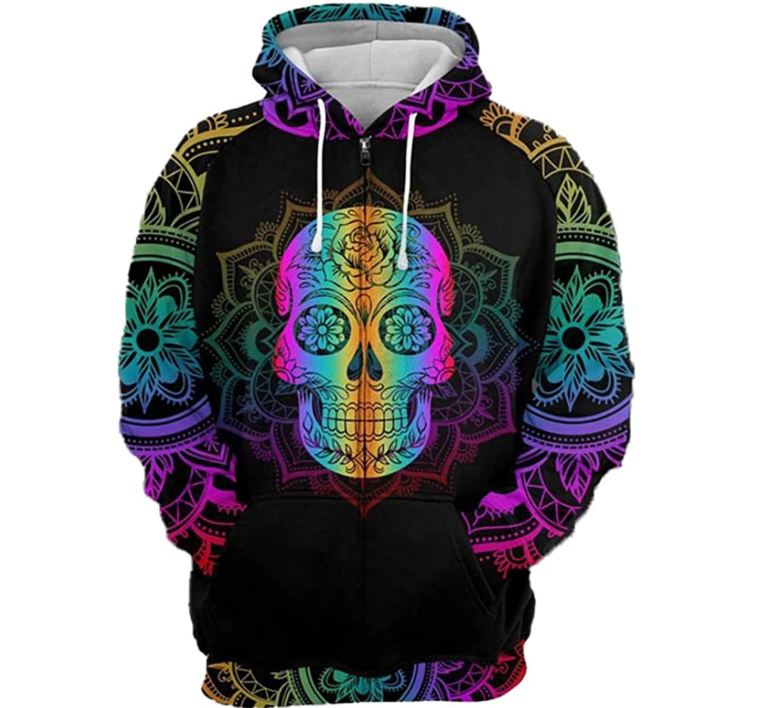 Skull Mandala Colorful Man And Woman - 3D Printed Pullover Hoodie