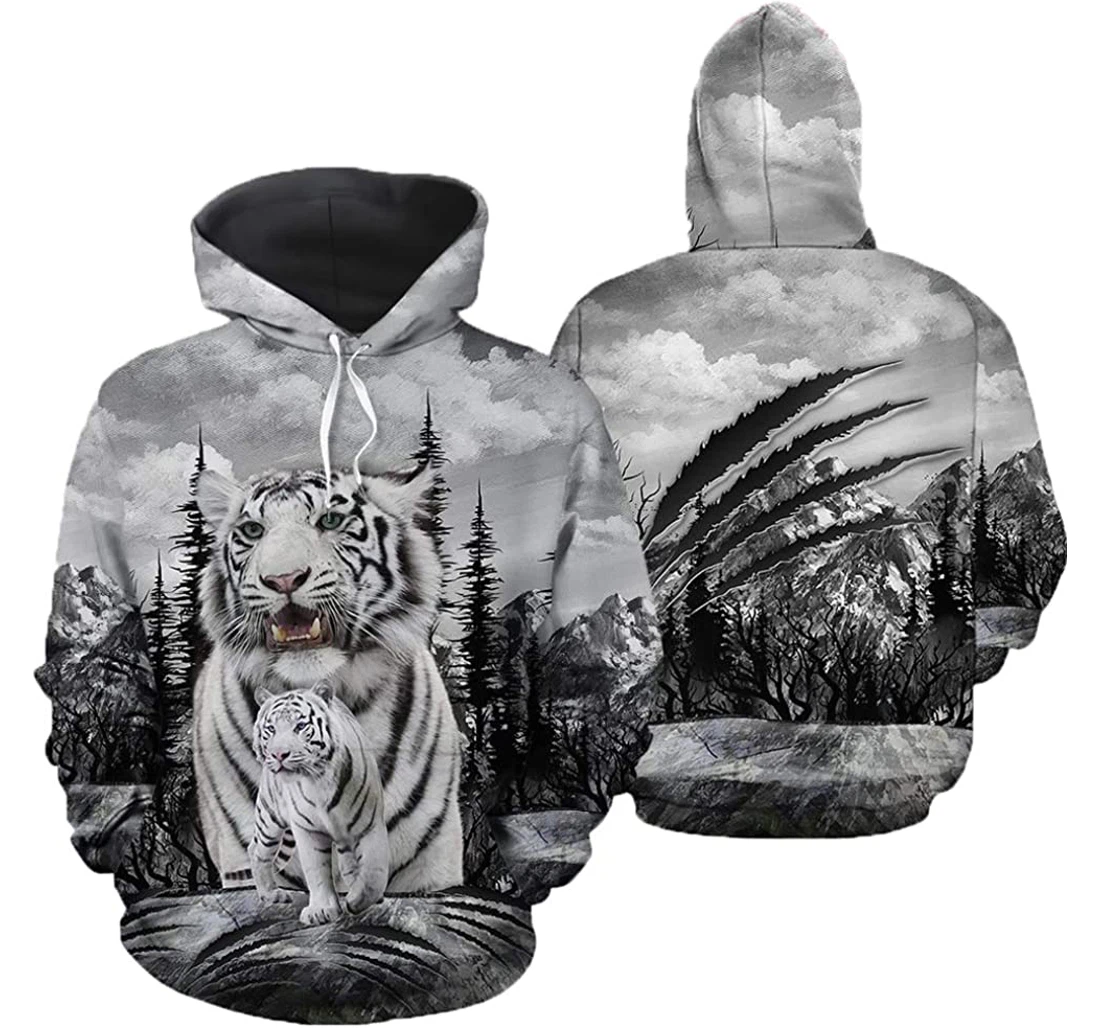 White Tiger Family Scratch Man And Woman - 3D Printed Pullover Hoodie