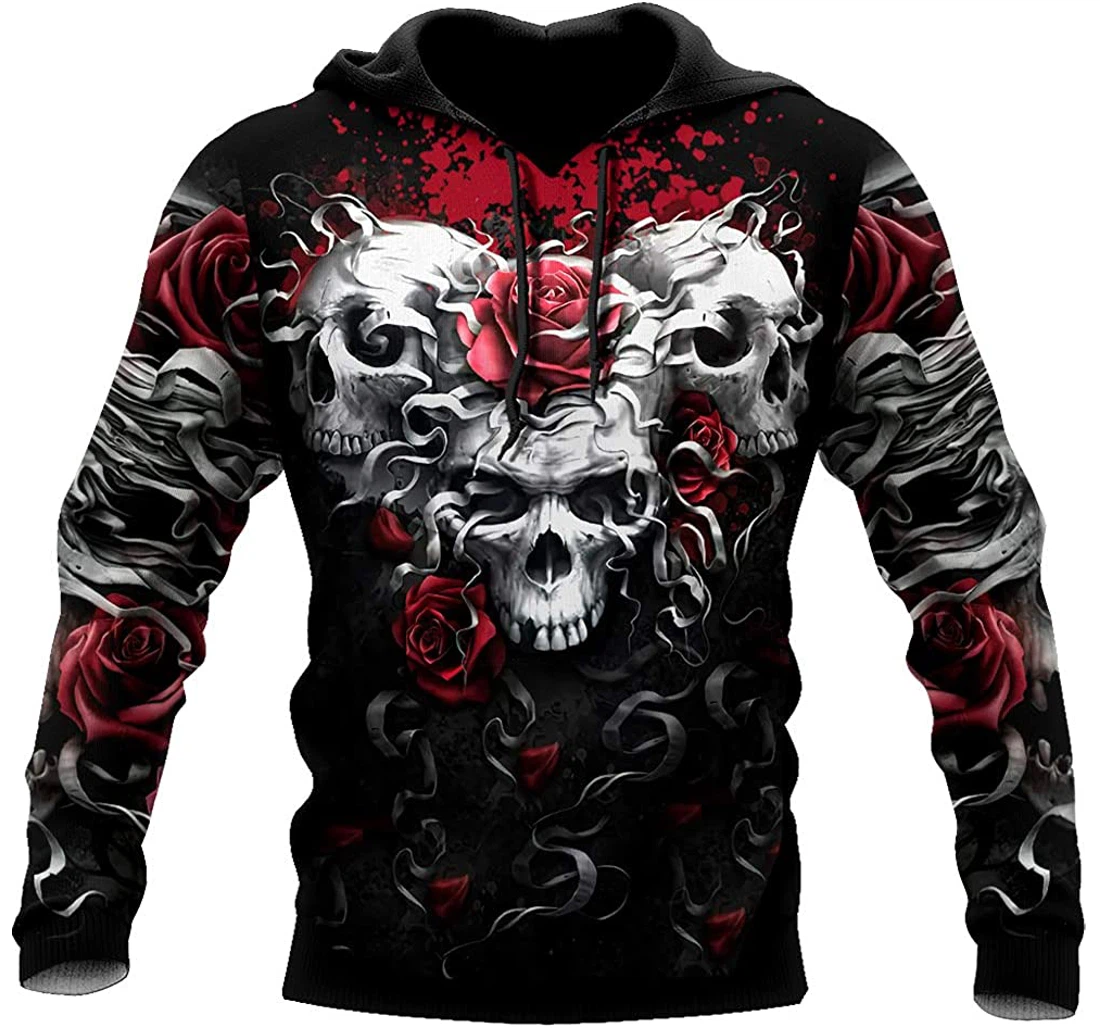 Skull Blood And Roses Man And Woman - 3D Printed Pullover Hoodie