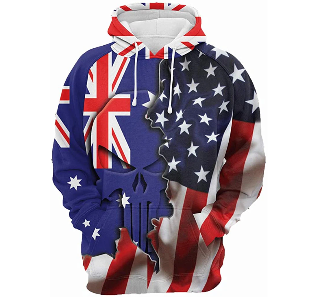 Skull American Flag And Australia Flag Man And Woman - 3D Printed Pullover Hoodie
