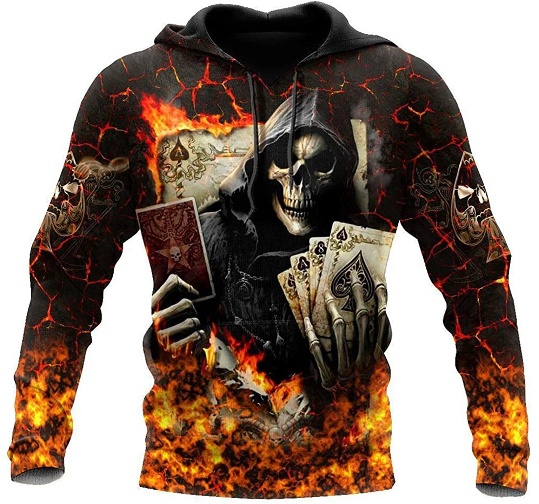 Poker Skulls On The Red Fire Man And Woman - 3D Printed Pullover Hoodie