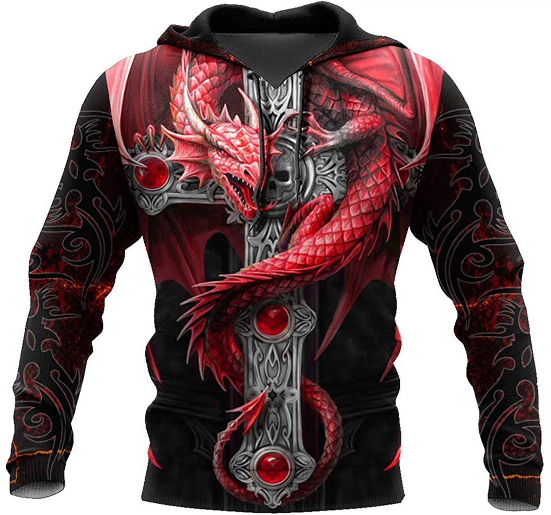 Red Dragon And Sword Flame Background Pattern - 3D Printed Pullover Hoodie