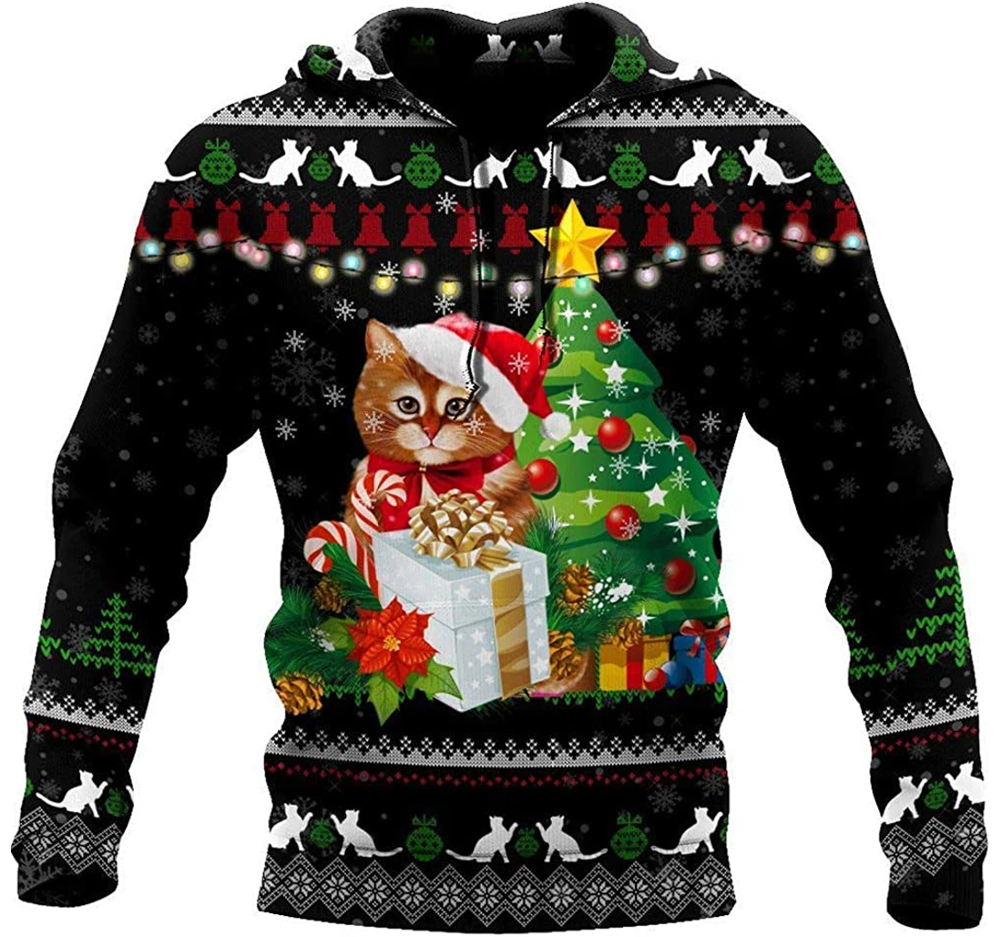Lovely Christmas Cat Pine Tree - 3D Printed Pullover Hoodie