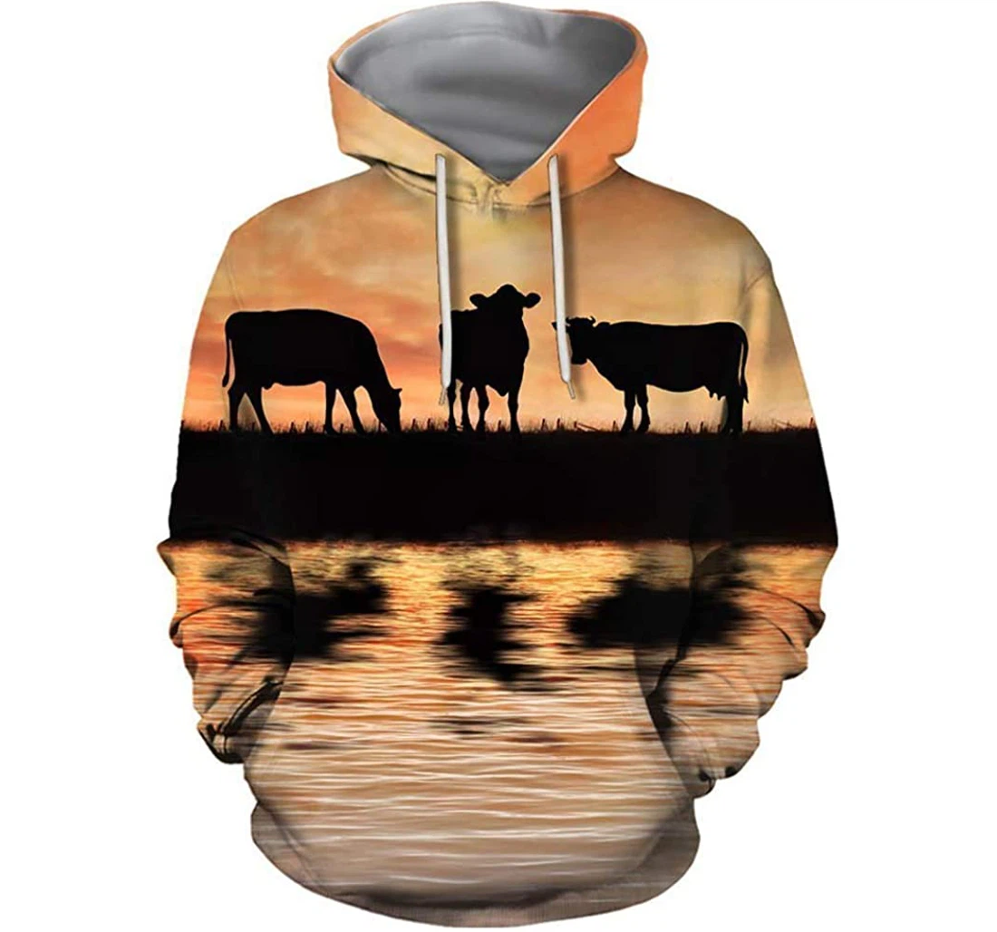 Sunset And Cow - 3D Printed Pullover Hoodie