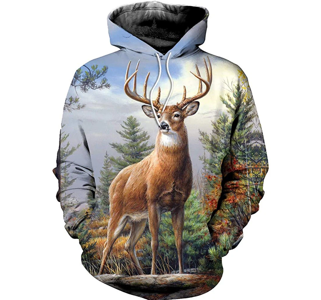 Hunting Deer In Forest Man And Woman - 3D Printed Pullover Hoodie