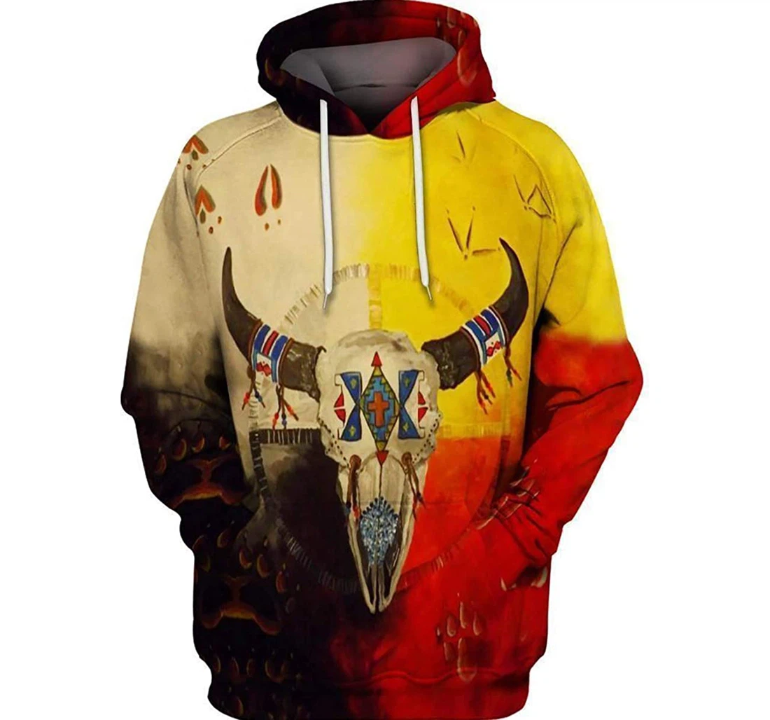 American Native Buffalo Skull Man And Woman - 3D Printed Pullover Hoodie