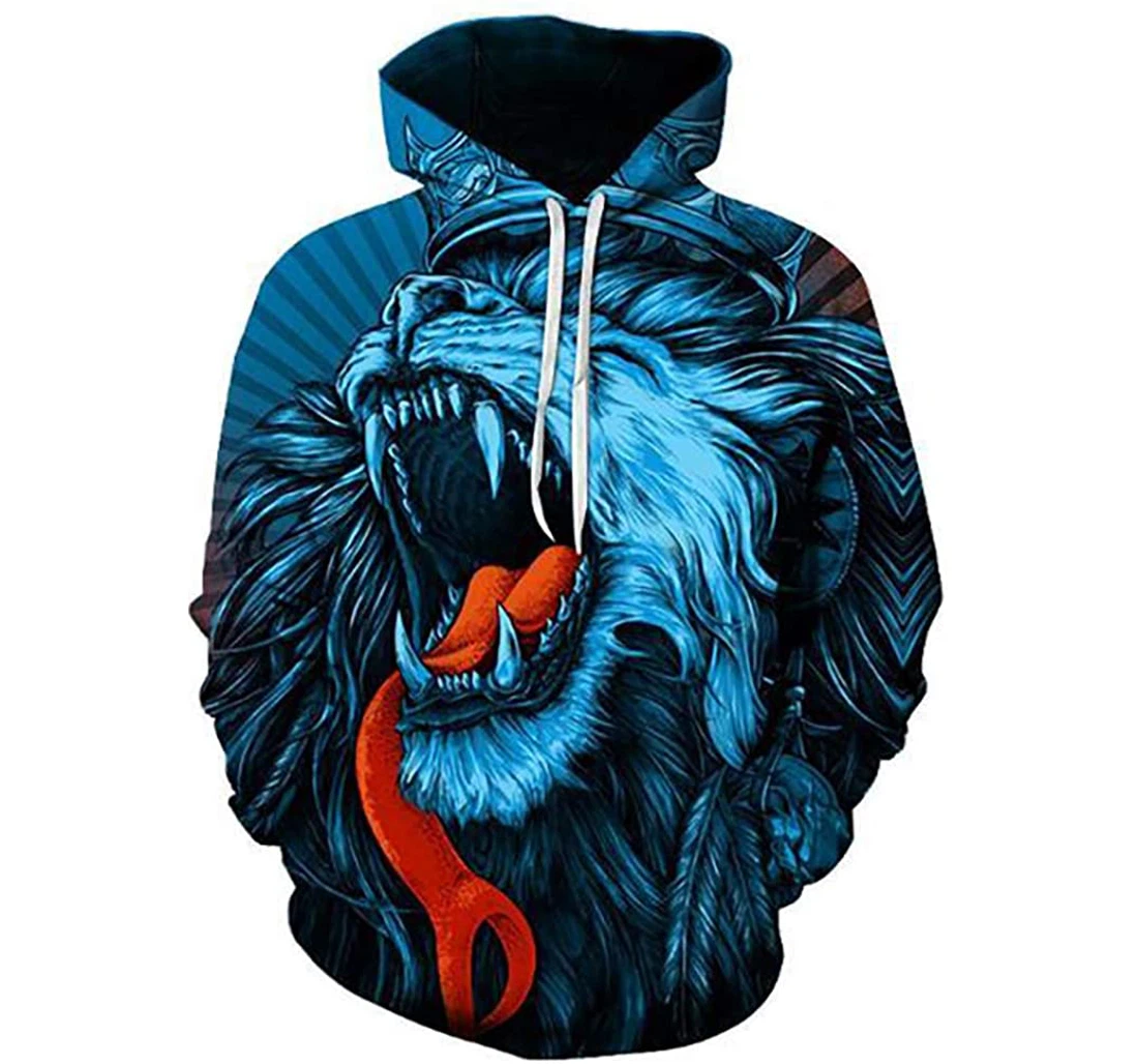 Blue Angry Lion King Man And Woman - 3D Printed Pullover Hoodie