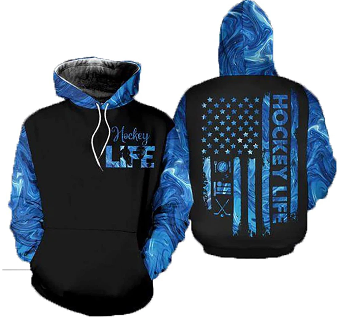 Hockey Life Blue American Flag Man And Woman - 3D Printed Pullover Hoodie