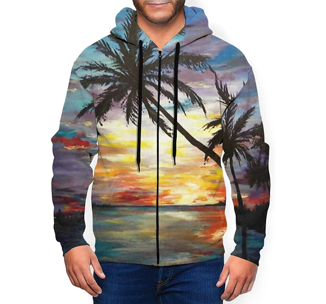 Zip Hoodie - Tropical Sunset Painting Realistic - 3D Printed