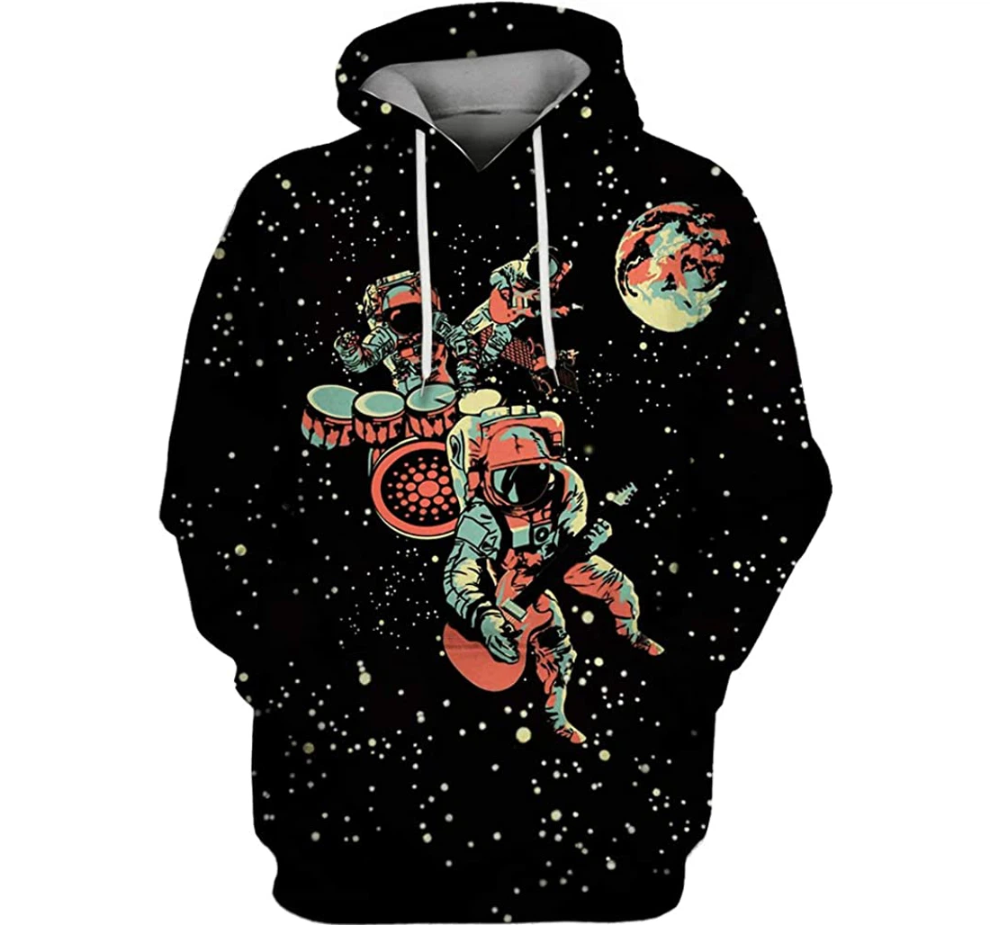 Astronaut Playing Musical Instruments Outerspace Guitar Drum Man And Woman - 3D Printed Pullover Hoodie