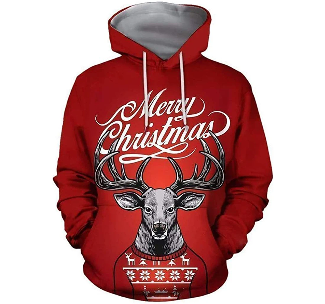 Merry Christmas Reindeer Red Man And Woman - 3D Printed Pullover Hoodie