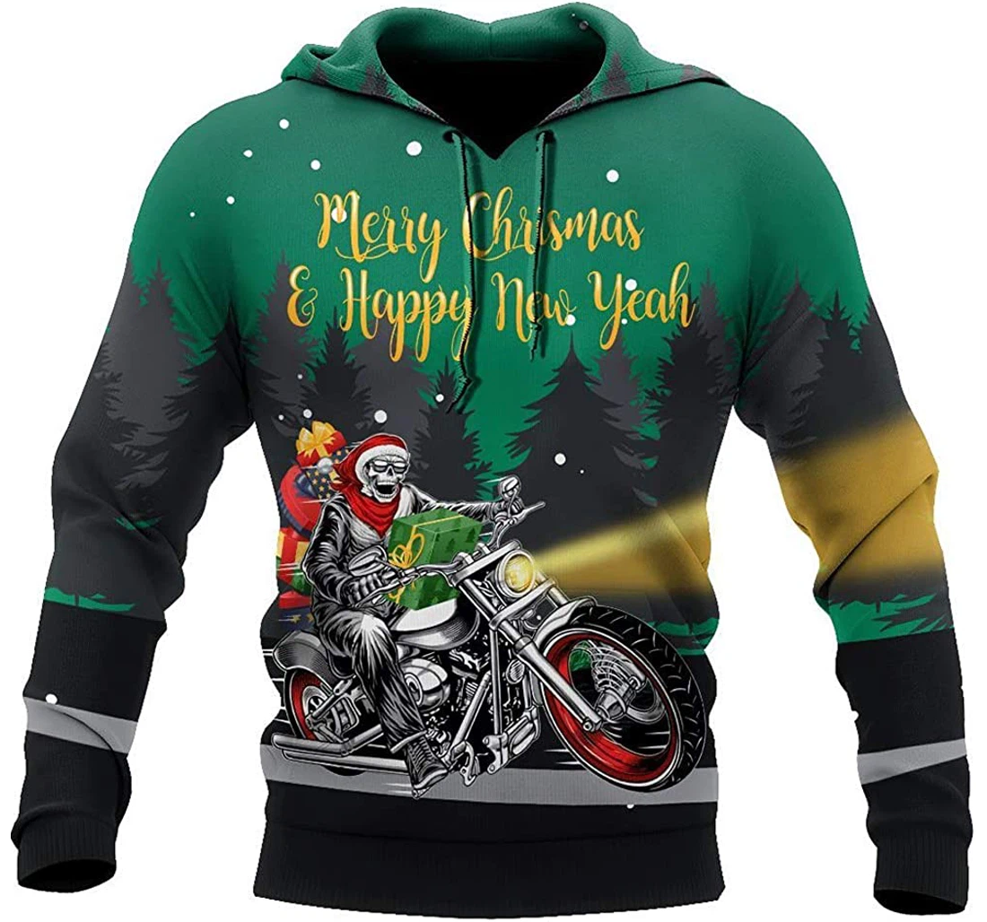 Merry Chrismas Skeleton Biker Motorcycle Green - 3D Printed Pullover Hoodie