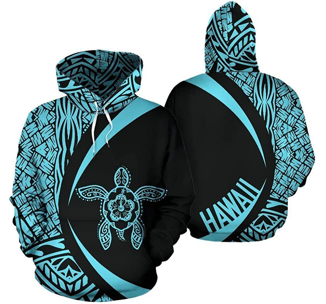 Hawaii Turtle Polynesian - Circle Style Blue Color Man And Woman - 3D Printed Pullover Hoodie