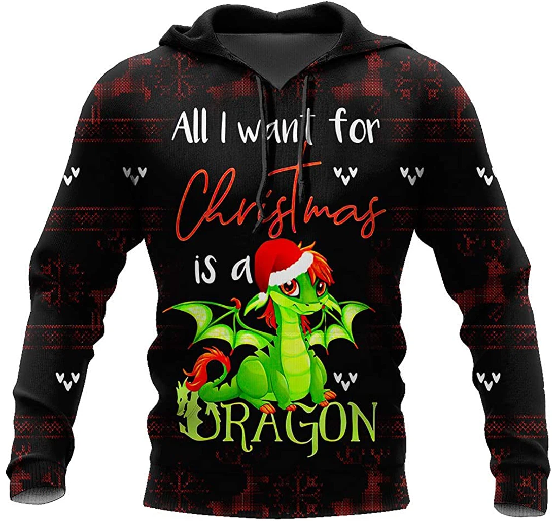 Cute Green Dragon Christmas - 3D Printed Pullover Hoodie