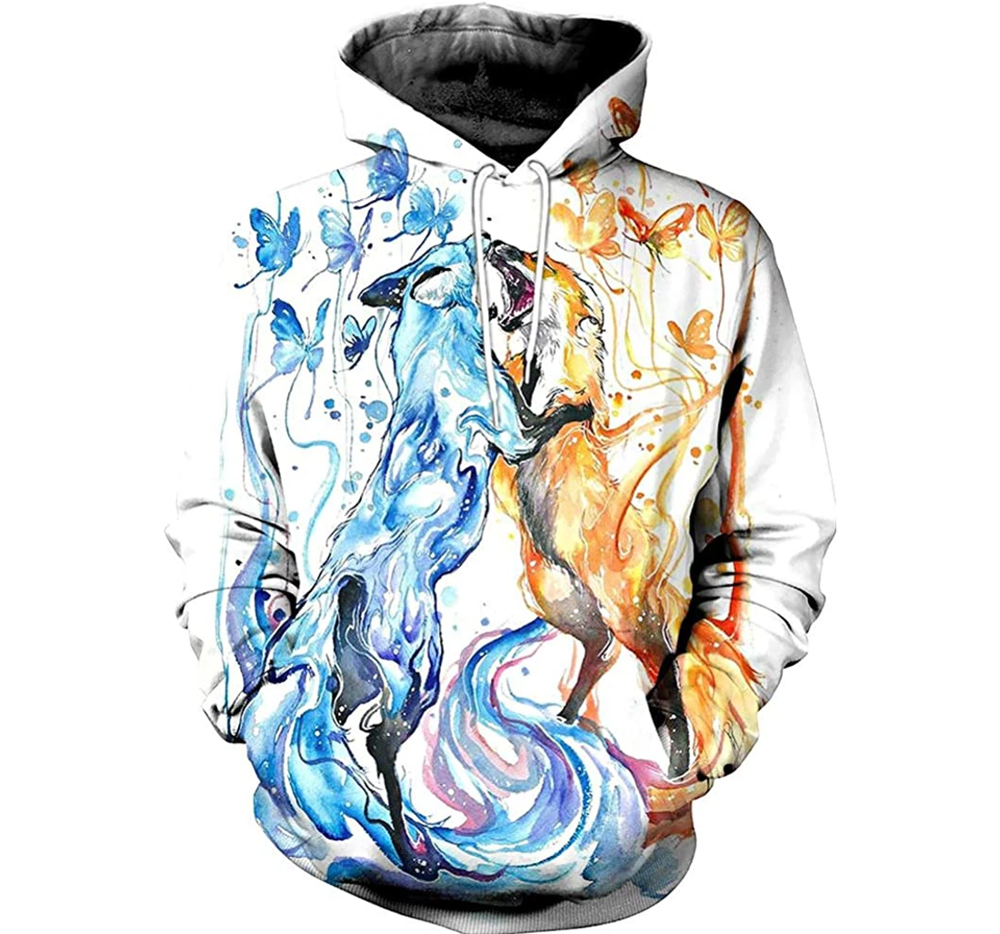 Fox And Butterfly Blue And Orange Man And Woman - 3D Printed Pullover Hoodie