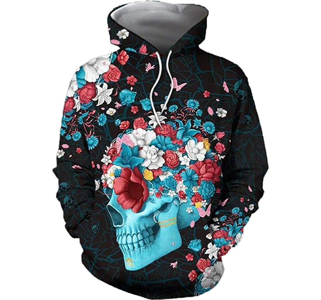 Flower Skull Man And Woman - 3D Printed Pullover Hoodie