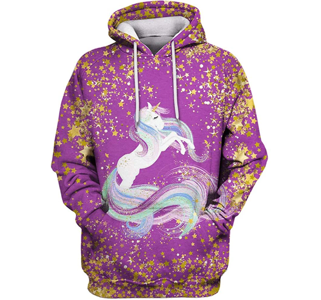 Golden Stars Around Unicorn Man And Woman - 3D Printed Pullover Hoodie