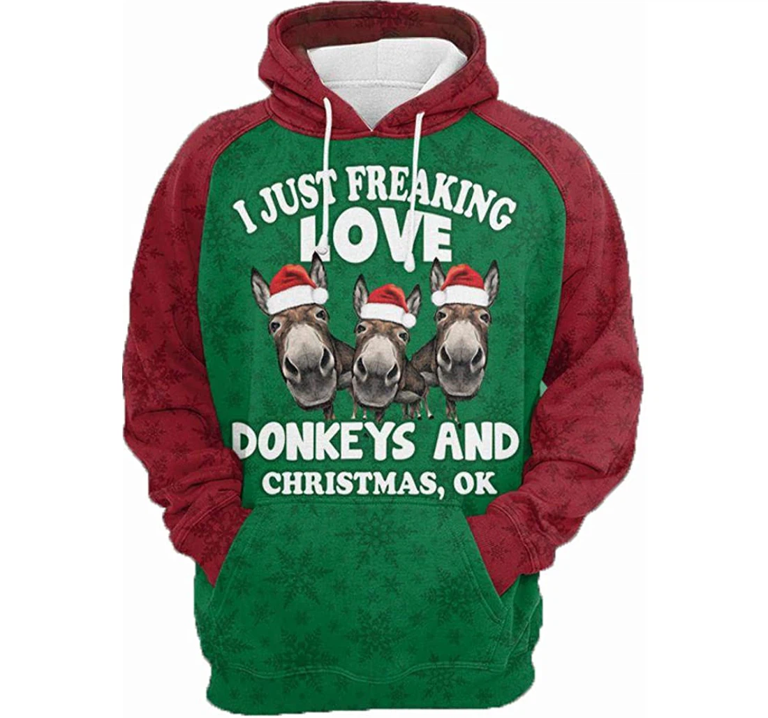 Donkeys Christmas Hat Green And Red Man And Woman - 3D Printed Pullover Hoodie