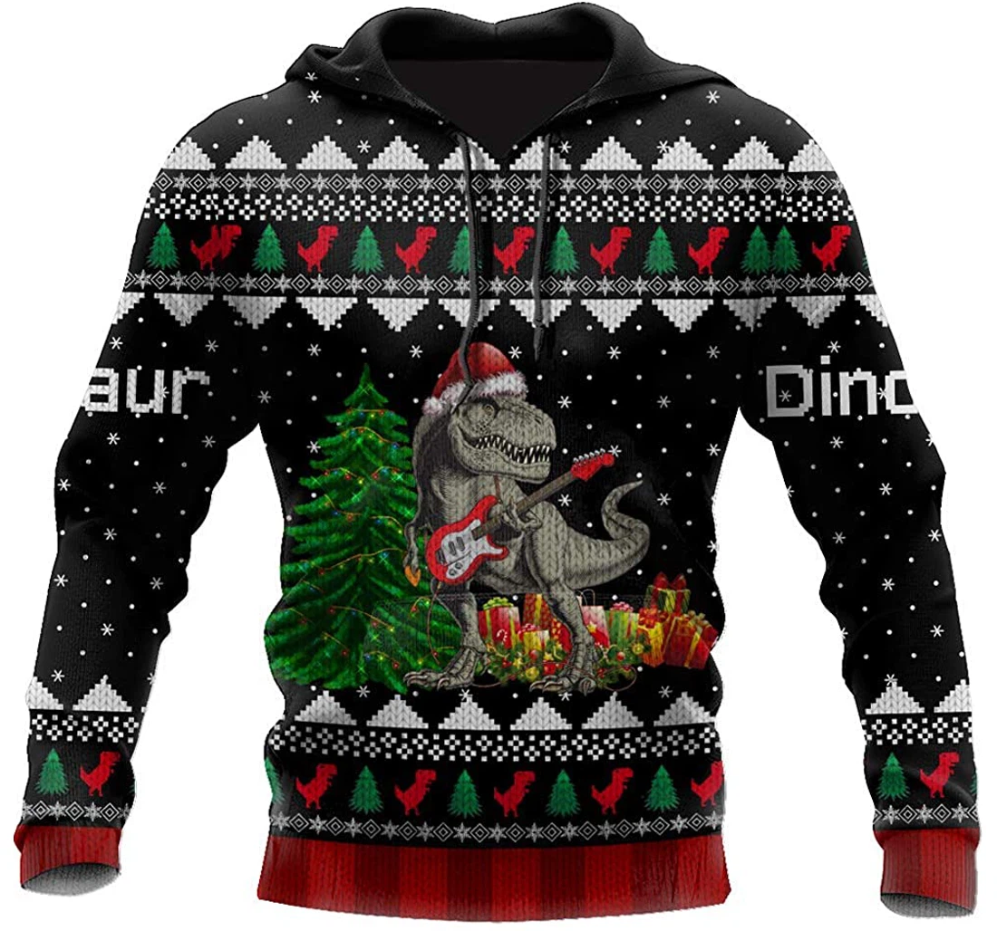 Dinosaur T-rex Play Guitar Christmas - 3D Printed Pullover Hoodie