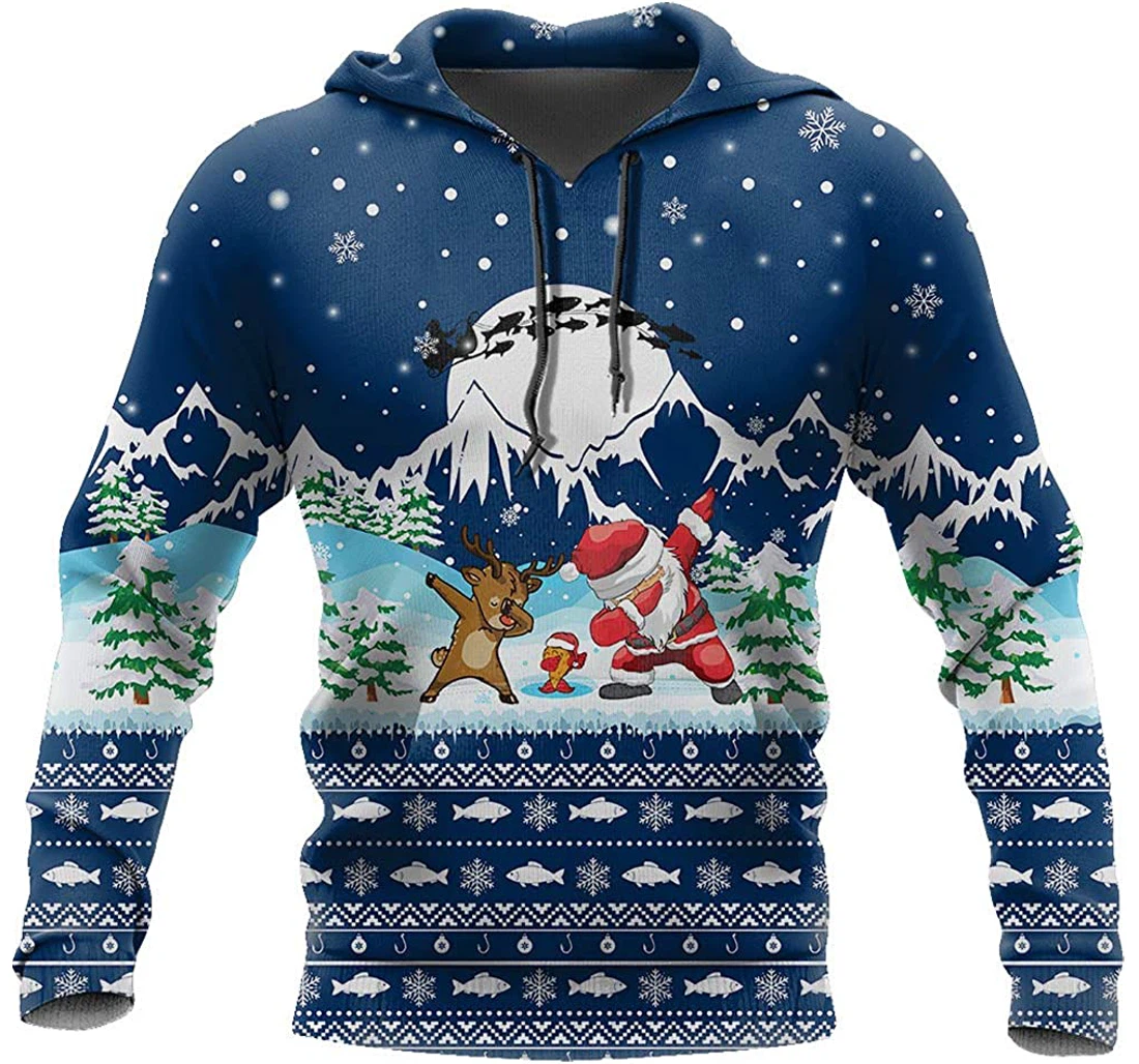 Christmas Santa Fishing Yolo - Blue - 3D Printed Pullover Hoodie