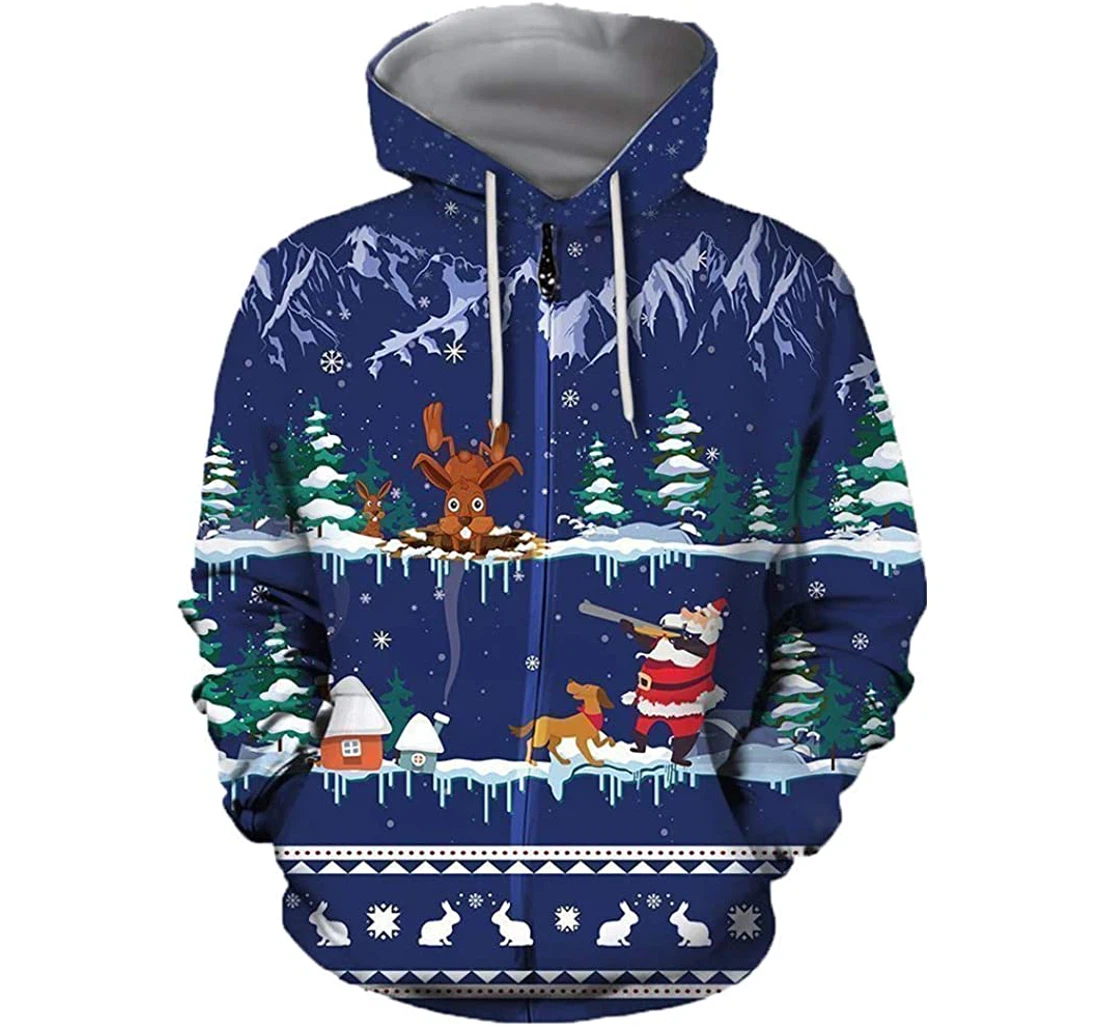 Blue Rabbit Hunting Christmas - 3D Printed Pullover Hoodie