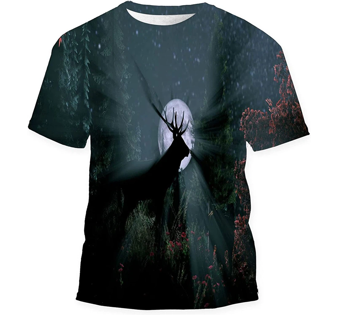 Deer Antlers Silhouette During Moon Gift Birthday Holiday - 3D Printed T-shirt