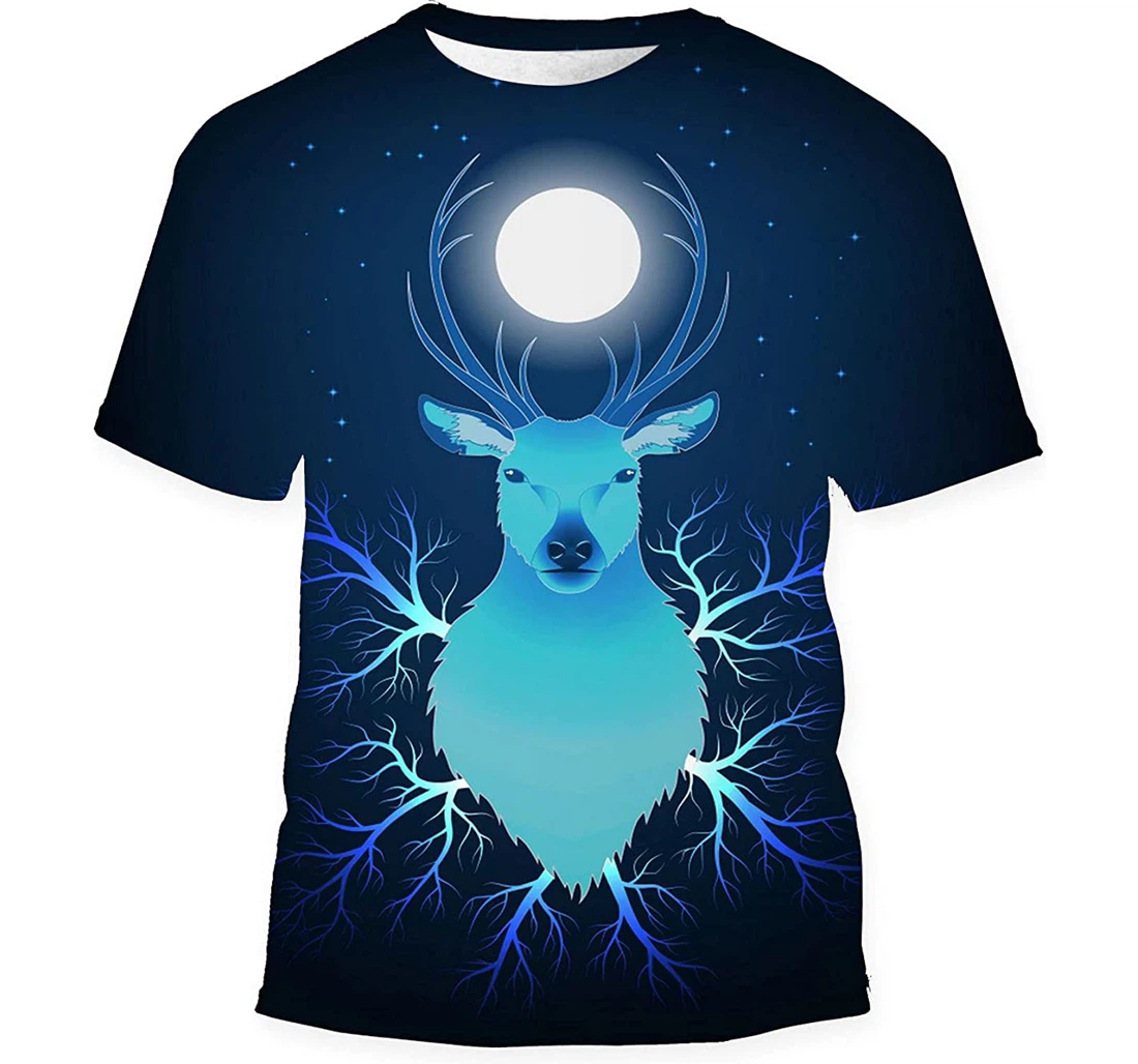 Deer Under Moon Surrounded Gift Birthday Holiday - 3D Printed T-shirt