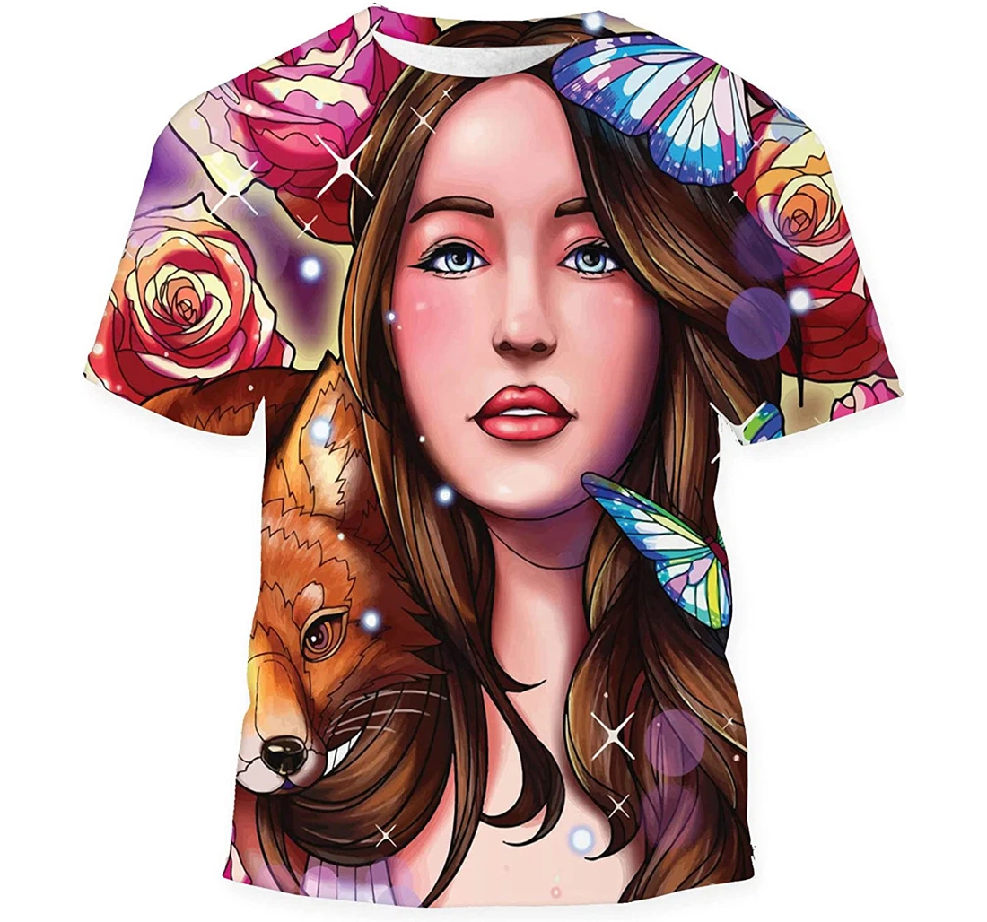 Girl Wolf Surrounded Flowers Butterflies Gift Birthday Holiday - 3D Printed T-shirt