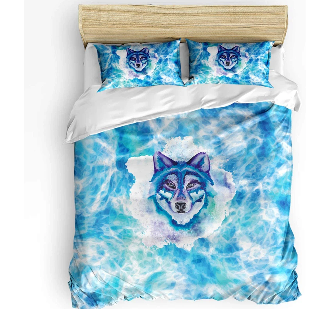 Bedding Set - Wolf Watercolor Painting Blue Included 1 Ultra Soft Duvet Cover or Quilt and 2 Lightweight Breathe Pillowcases