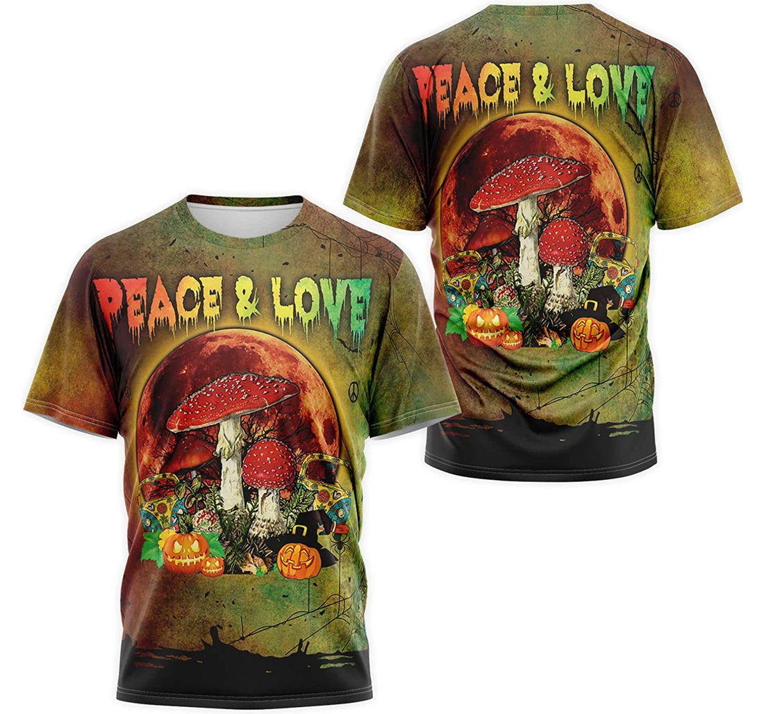 T-Shirt, Hoodie - Halloween Peace And Love Mushroom Pumpkin Hippie Car 3D Printed