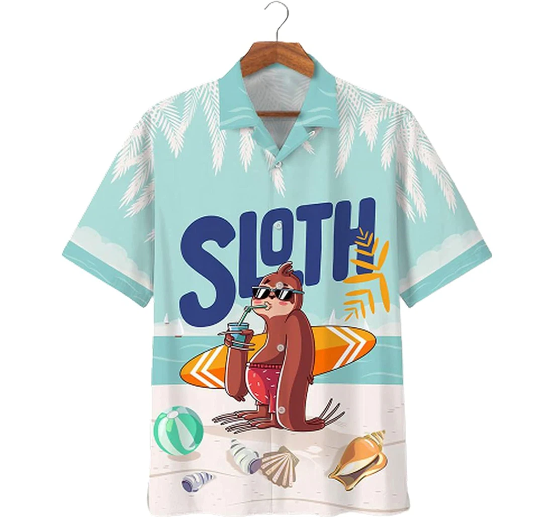 Personalized Sloth Beach Short, Soft Beach Full Prints Hawaiian Shirt, Button Up Aloha Shirt For Men, Women