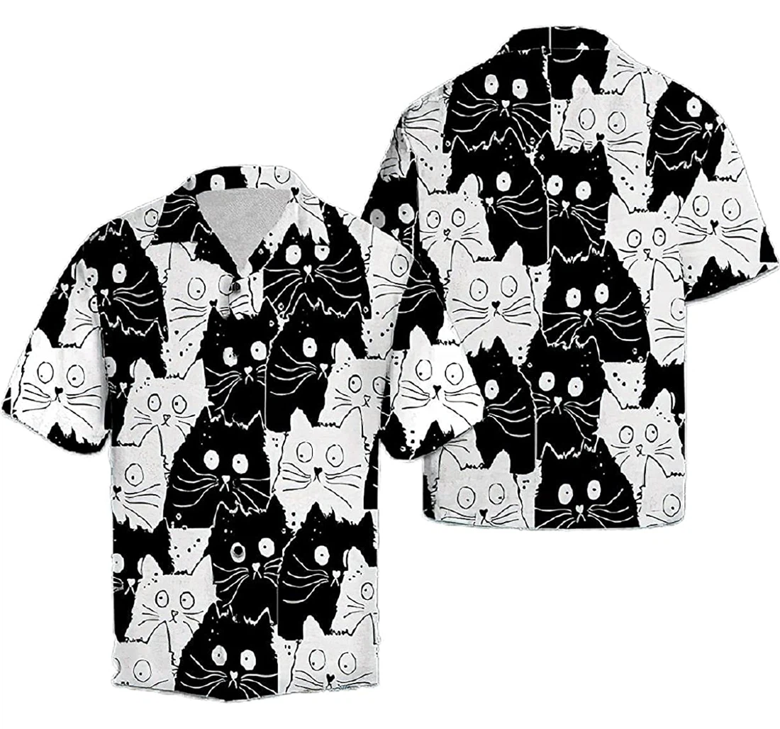 Personalized Cute Black And White Cat Pocket Hawaiian Shirt, Button Up Aloha Shirt For Men, Women