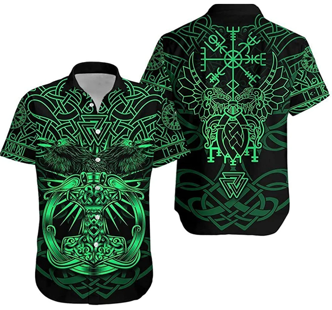 Personalized Viking Mjolnir Celtic Raven Version Green Never Fade Design Hawaiian Shirt, Button Up Aloha Shirt For Men, Women