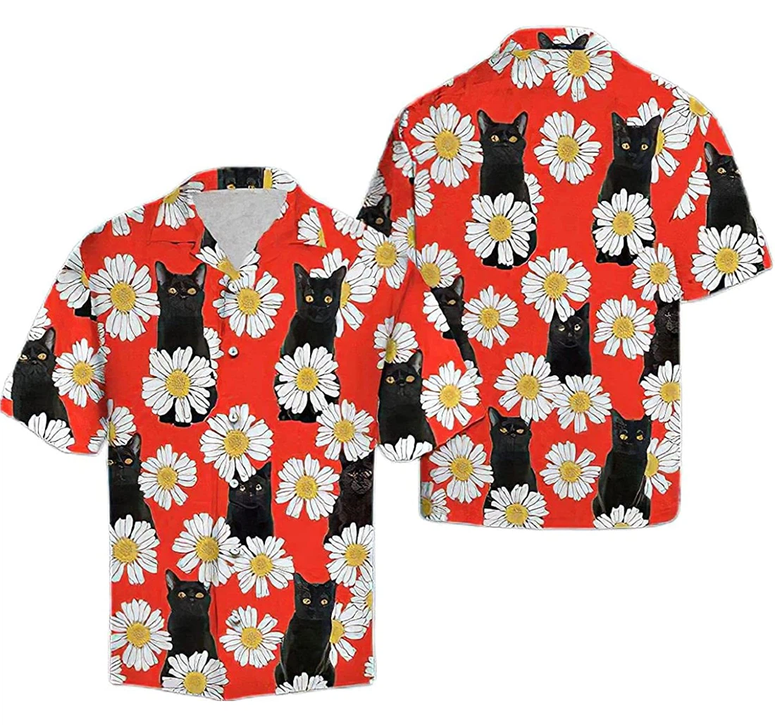 Personalized Black Cat Daisy Pocket Hawaiian Shirt, Button Up Aloha Shirt For Men, Women